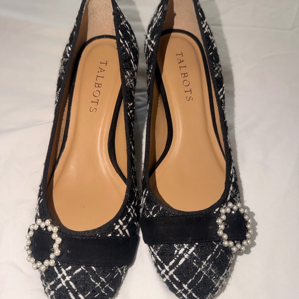 Talbots Black and White Tweed Heels with Pearl Detail